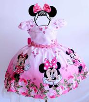 Vestido Festa Temática Infantil Minnie Rosa Luxo E Tiara