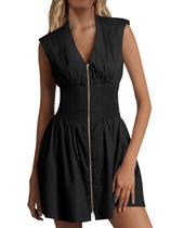Vestido Fisoew, sem mangas, casual, zíper, decote em V, verão, preto, feminino