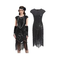 Vestido Flapper Feminino Dos Anos 1920 Com Renda, Leque, Tiara De Penas, Lantejoulas, Contas E Vestido Flapper Feminino Dos Anos 1920 Com Renda, Leque, Tiara De Penas, Lantejoulas, Contas E