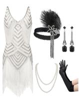 Vestido Flapper SWEETV 1920s Great Gatsby, conjunto de fantasias branco Vestido Flapper SWEETV 1920s Great Gatsby, conjunto de fantasias branco