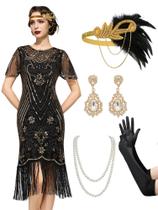 Vestido Flapper SWEETV 1920s Great Gatsby Fringe Black Gold Vestido Flapper SWEETV 1920s Great Gatsby Fringe Black Gold