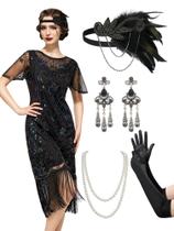 Vestido Flapper SWEETV 1920s Great Gatsby Fringe preto XXL Vestido Flapper SWEETV 1920s Great Gatsby Fringe preto XXL
