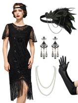 Vestido Flapper SWEETV preto dos anos 20 Great Gatsby Roaring 20s