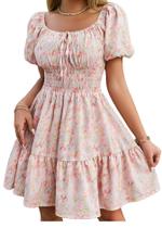 Vestido Floerns Boho com gola quadrada, manga curta, floral, rosa