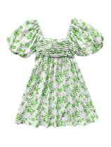 Vestido Floerns com estampa floral, manga folhada, gola quadrada, verde/branco