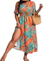 Vestido Floerns com estampa tropical, ombro frio, decote em V, tamanho plus size