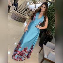 Vestido Floral Azul Longo