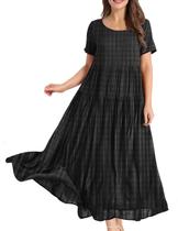 Vestido floral casual boêmio feminino YESNO com bolsos, manga curta, longo, maxi, verão, praia, vestido (M EJF Solid C preto)
