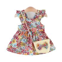 Vestido Floral De Algodão Para Meninas De 0 a 3 Anos Com Bolsa Transversal E Manga Estilo Fashion Vestido Floral De Algodão Para Meninas De 0 a 3 Anos Com Bolsa Transversal E Manga Estilo Fashion