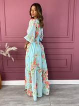 Vestido floral mangas azul com rosa tamanho P