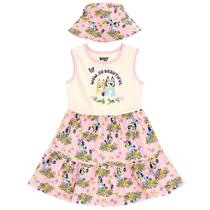 Vestido floral Outfit Bluey Bingo com chapéu Bucket Sun para meninas 2T