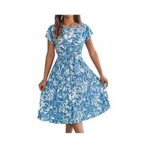 Vestido Floral Plissado Feminino Com Decote Redondo E Manga Curta, Modelo A, Médio Longo, Casual Vestido Floral Plissado Feminino Com Decote Redondo E Manga Curta, Modelo A, Médio Longo, Casual