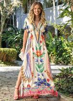 Vestido Floral Tropical Longo Feminino Soltinho Com Decote V Vestido Floral Tropical Longo Feminino Soltinho Com Decote V