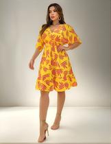 Vestido Florido Com Manga E Elástico Na Cintura Fj101