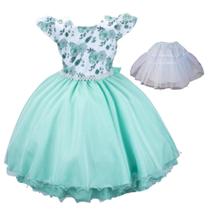 Vestido florista verde tifany infantil com busto floral acompanha saiote