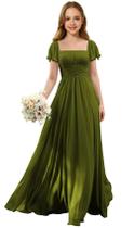 Vestido Flower Girl Augday 2025 com gola quadrada em chiffon verde oliva