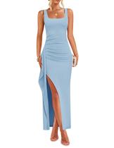 Vestido formal feminino ZESICA, maxi, sem mangas, azul, tamanho M