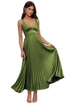 Vestido formal QIAGE verde oliva, cetim, longo, império, cintura sem encosto