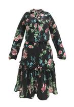 Vestido Forrado Curto BABADOS Manga Longa CREPE Estampado Floral Verm Fundo Preto