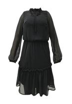 Vestido Forrado Curto BABADOS Manga Longa CREPE Liso Preto Textura