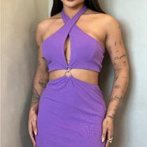 Vestido frente ÚNICA com argola Midi Tecido Canelado Premium com abertura no busto e Fenda lateral