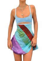 Vestido fyclemt Patchwork Sexy Mini Dress Y2K sem mangas azul