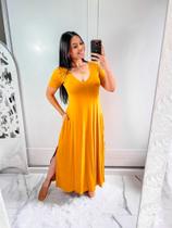 Vestido gala v com bolso e fenda lateral