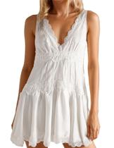 Vestido Geabal People Free Dup ES de renda com decote em V branco de verão Vestido Geabal People Free Dup ES de renda com decote em V branco de verão