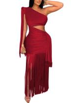 Vestido Geulis de um ombro só com franjas brilhantes para noite Vestido Geulis de um ombro só com franjas brilhantes para noite