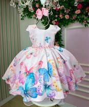 Vestido Giovanella Jardim das Borboletas Rosa para Crianças - Confeccionado em Tecido Tecnosoft