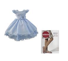 Vestido Glitter Azul Ceú Infantil + Meia Calça Selene Branco