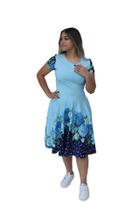 Vestido Godê com Mangas Estampa Barrada Azul Celeste