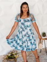 Vestido godê estampado fundo azul, manga de tule M. moda Evangelica