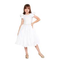 Vestido Godê Liso Branco Festa Infantil Cinto Pérola Batismo