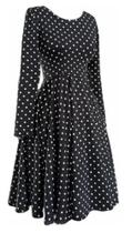 Vestido Godê Manga Longa Poa Preto godê rodado