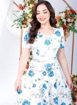 Vestido Godê Midi Feminino Floral Branco Moda Evangélica Elegante com Manga
