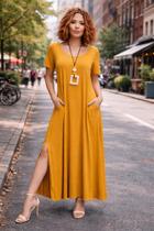 Vestido Gola Canoa Com Bolso e Fenda Moda Femenina
