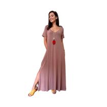 Vestido Gola V Com Bolso Fenda Lateral Moda Femenina