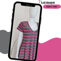 Vestido Gola V Listrado Com Bolso e Fenda na Lateral