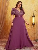 Vestido Gola V Manga Bufante Plus Size