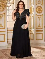 Vestido Gola V Manga Bufante Plus Size