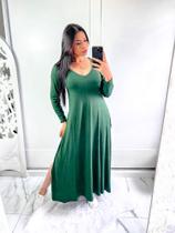 Vestido gola V manga longa com bolço e fenda lateral