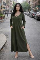 Vestido Gola V Manga Longa Com Bolso Moda Femenina - nascimentomodas2020