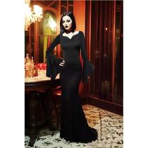 Vestido Gótico Morticia Addams - Preto, Manga Longa, Decote V - Halloween