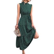 Vestido GOTOTOP de verão sem mangas, gola alta, bolinhas, verde S Vestido GOTOTOP de verão sem mangas, gola alta, bolinhas, verde S