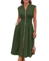 Vestido GRACE KARIN com decote em V, zíper frontal, manga curta, verde militar, M