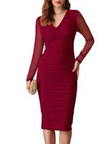 Vestido GRACE KARIN Mesh 2024, outono, manga comprida, franzido, vermelho Vestido GRACE KARIN Mesh 2024, outono, manga comprida, franzido, vermelho