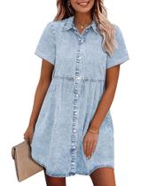 Vestido GRAPENT Camisa Jeans Manga Curta Comprimento Até o Joelho Médio