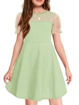 Vestido Haloumoning Girls, malha contrastante, manga folhada, verde claro Vestido Haloumoning Girls, malha contrastante, manga folhada, verde claro