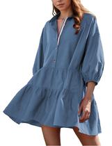 Vestido HangNifang Summer Babydoll Mini cinza, azul, algodão feminino